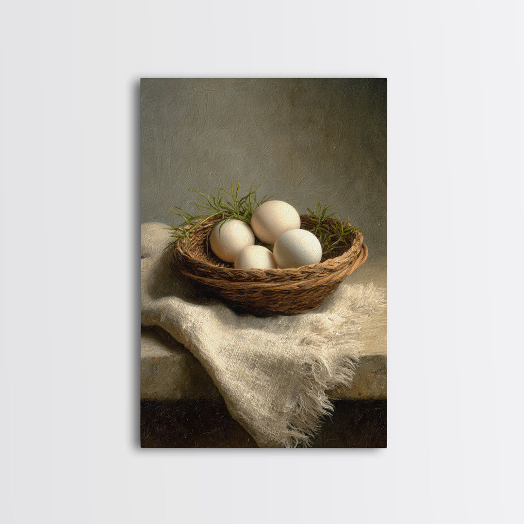 Fresh Eggs in a Woven Basket with Canvas Print, Bed and Breakfast Art, Bedroom Decor, Living Room Decor, Abstract Art, BAB-2x3-86