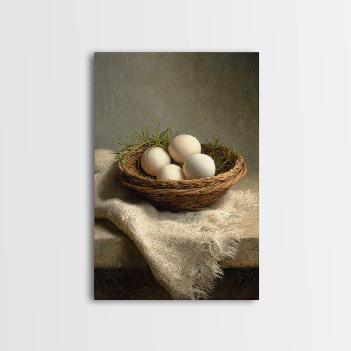 Fresh Eggs in a Woven Basket with Canvas Print, Bed and Breakfast Art, Bedroom Decor, Living Room Decor, Abstract Art, BAB-2x3-86