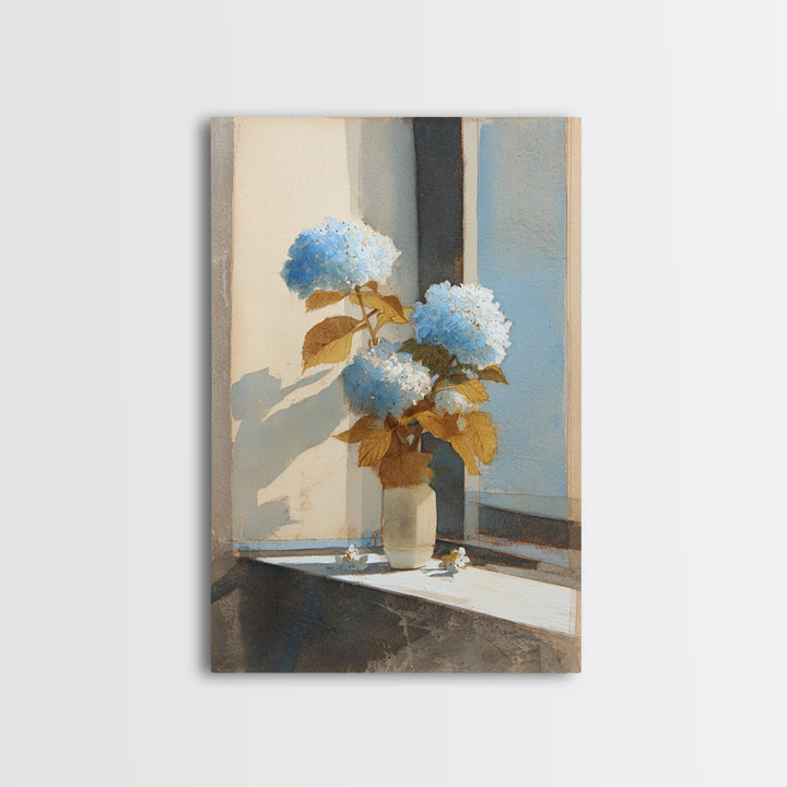 Sunlit Hydrangeas on a Windowsill Framed Canvas Print, Bed and Breakfast Art, Wood Wall Art, Living Room Decor, Fine Art, BAB-2x3-90