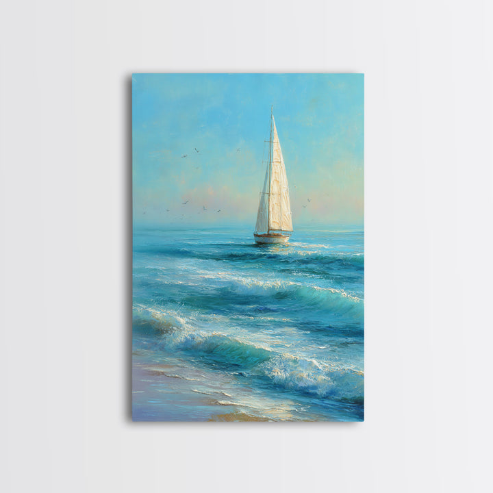 Coastal Inn Sailboat at Sunrise Framed Canvas Print, Bed and Breakfast Art, Bedroom Wall Art, Living Room Decor, Fine Art, BAB-2x3-97
