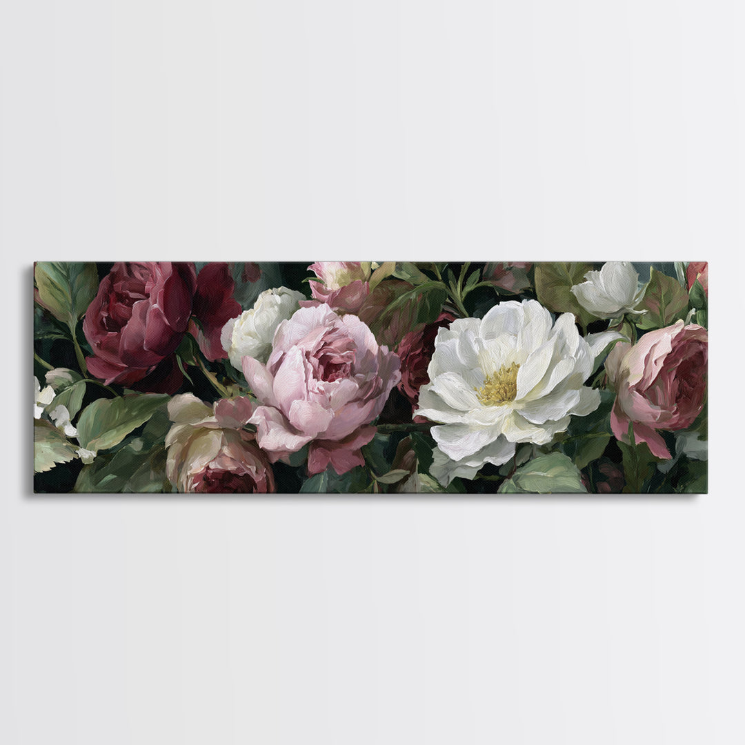Garden Roses in Romantic Oil Paint Canvas Print, Bed and Breakfast Art, Bed, Living Room Decor, Oil Painting, BAB-3x1-13