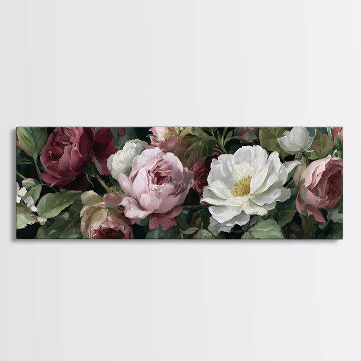 Garden Roses in Romantic Oil Paint Canvas Print, Bed and Breakfast Art, Bed, Living Room Decor, Oil Painting, BAB-3x1-13