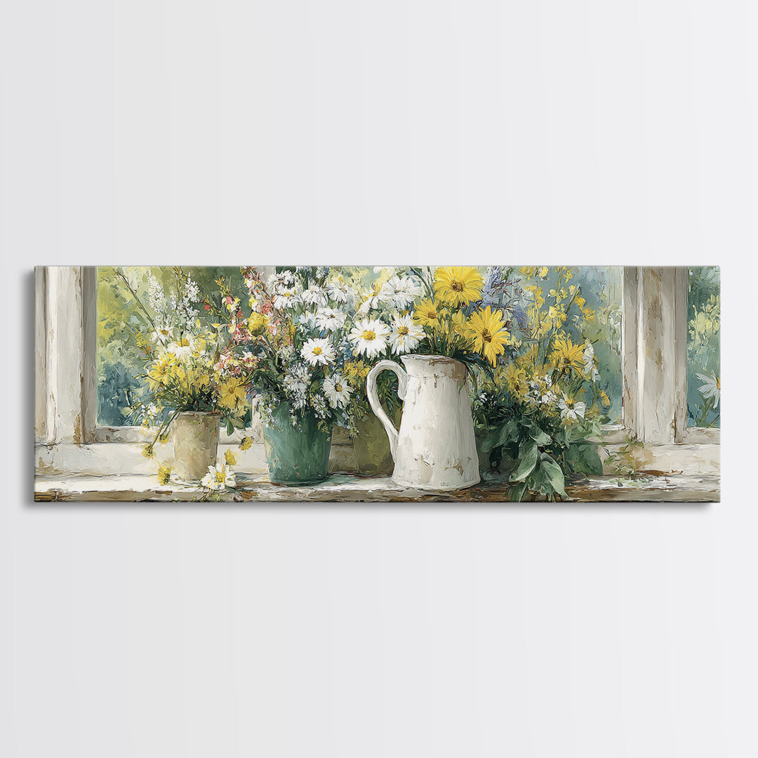 Country Wildflowers in a Chipped Ceramic Pitcher Canvas Print, Bed and Breakfast Art, Trendy Wall Art, Living Room Decor, BAB-3x1-17