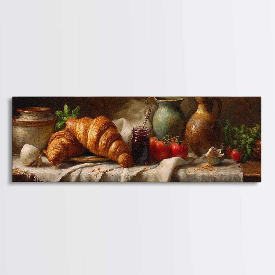 Fresh Croissants and Jam on a Linen Framed Canvas Print, Bed and Breakfast Art, Printable Art, Living Room Decor, Abstract Art, BAB-3x1-18