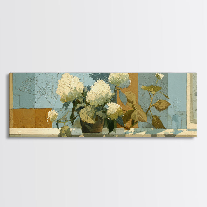 Sunlit Hydrangeas on a Windowsill Framed Canvas Print, Bed and Breakfast Art, Canvas Wall Art, Living Room Decor, Fine Art, BAB-3x1-2