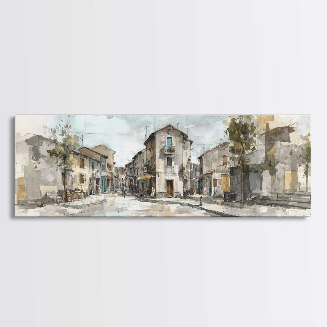 Soft Watercolor Village Street at Dawn Canvas Print, Bed and Breakfast Art, Farmhouse Wall Art, Living Room Decor, Fine Art, BAB-3x1-21
