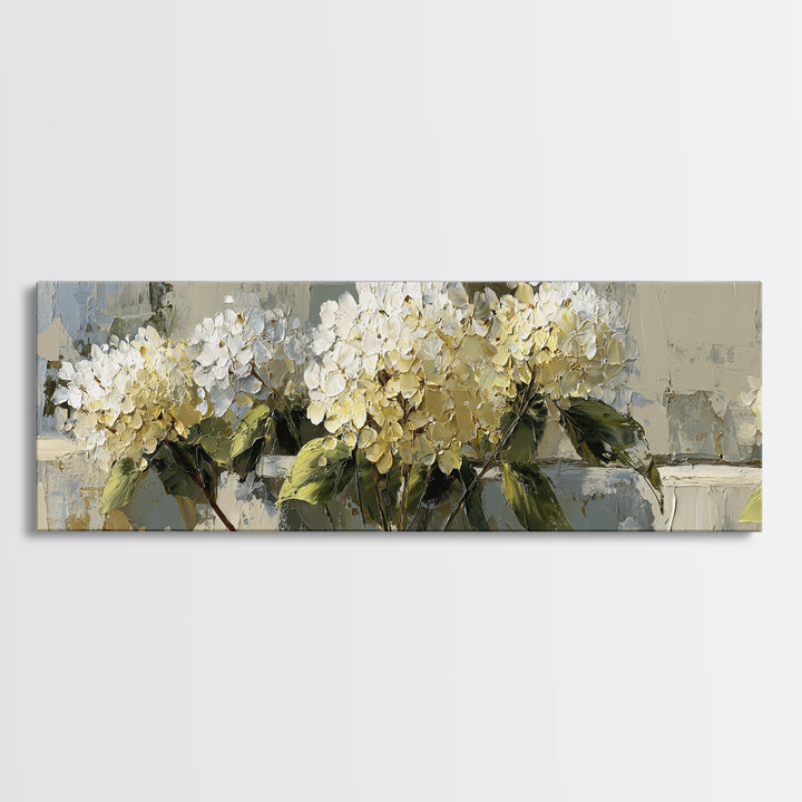 Sunlit Hydrangeas on a Windowsill Canvas Print, Bed and Breakfast Art, Living Room Decor, Watercolor Art, Folk Art, BAB-3x1-26