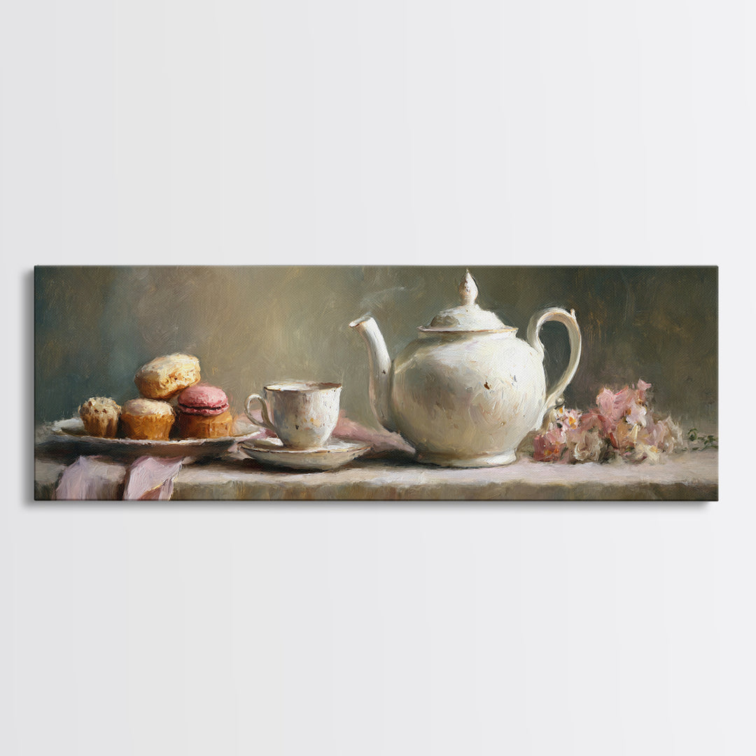 Porcelain Teapot and Scones Framed Canvas Print, Bed and Breakfast Art, Bedroom Art, Living Room Decor, Oil Painting, BAB-3x1-28