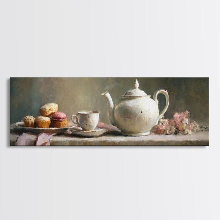 Porcelain Teapot and Scones Framed Canvas Print, Bed and Breakfast Art, Bedroom Art, Living Room Decor, Oil Painting, BAB-3x1-28