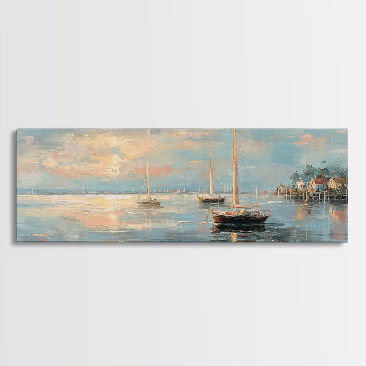 Coastal Inn Sailboat at Sunrise Canvas Print, Bed and Breakfast Art, Above Bed Decor, Living Room Decor, Fine Art, BAB-3x1-33