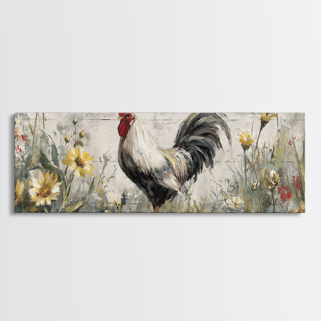Rooster and Wildflower Country Portrait Canvas Print, Bed and Breakfast Art, Minimalist Decor, Living Room Decor, Oil Painting, BAB-3x1-35