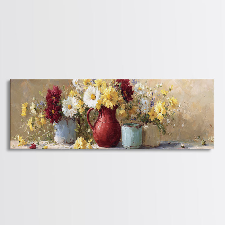 Country Wildflowers in a Chipped Ceramic Pitcher Canvas Print, Bed and Breakfast Art, Rustic Home Decor, Living Room Decor, BAB-3x1-41