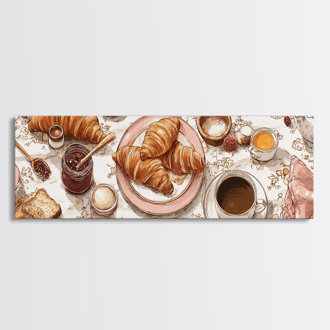Fresh Croissants and Jam on a Linen Canvas Print, Bed and Breakfast Art, Bedroom Wall Art, Living Room Decor, Abstract Art, BAB-3x1-42