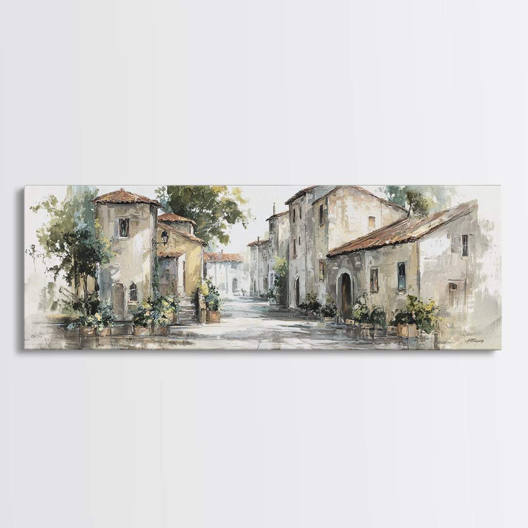 Soft Watercolor Village Street at Dawn Canvas Print, Bed and Breakfast Art, Farmhouse Wall Art, Living Room Decor, Fine Art, BAB-3x1-45