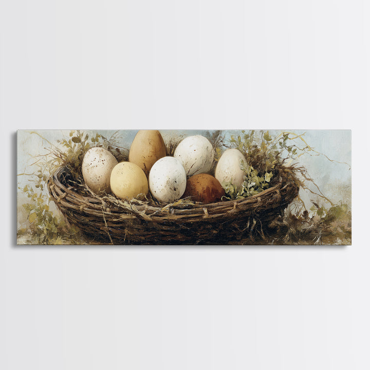 Fresh Eggs in a Woven Basket with Canvas Print, Bed and Breakfast Art, Bedroom Wall Decor, Living Room Decor, Fine Art, BAB-3x1-46