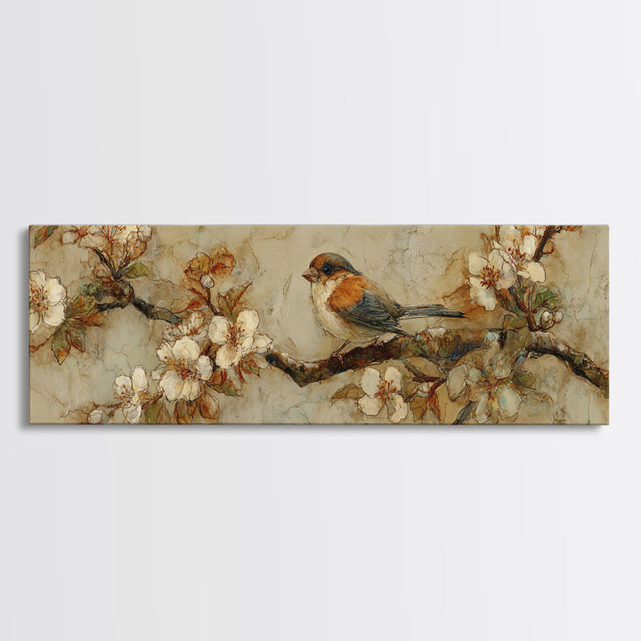 Small Bird on a Flowering Branch Canvas Print, Bed and Breakfast Art, Folk Art, Living Room Decor, Watercolor Art, BAB-3x1-54