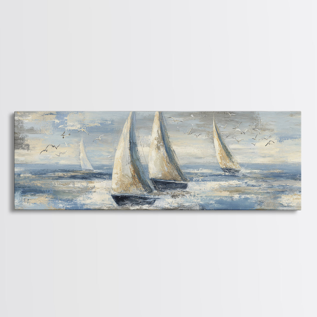 Coastal Inn Sailboat at Sunrise Framed Canvas Print, Bed and Breakfast Art, Folk Art, Living Room Decor, Fine Art, BAB-3x1-57
