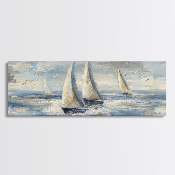 Coastal Inn Sailboat at Sunrise Framed Canvas Print, Bed and Breakfast Art, Folk Art, Living Room Decor, Fine Art, BAB-3x1-57