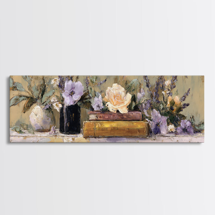 Warm Fireplace Still Life Framed Canvas Print, Bed and Breakfast Art, Bed, Living Room Decor, Oil Painting, Rustic Home Decor, BAB-3x1-58