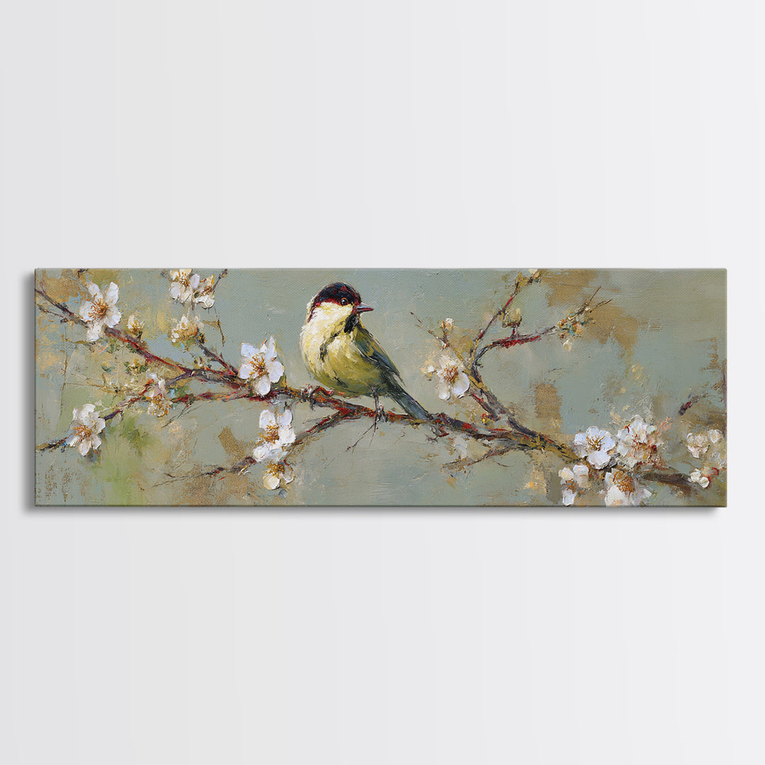 Small Bird on a Flowering Branch Canvas Print, Bed and Breakfast Art, Farmhouse Wall Art, Living Room Decor, Fine Art, BAB-3x1-6