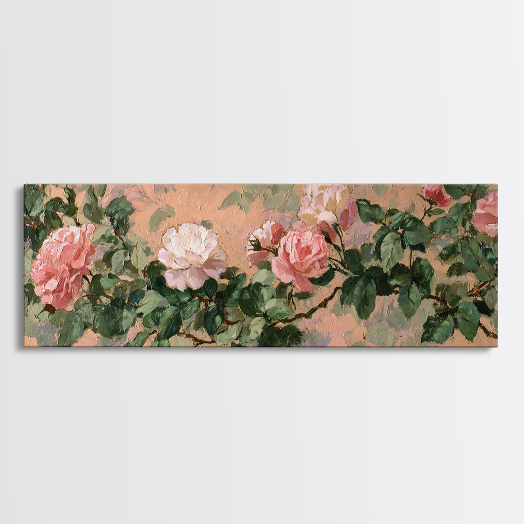 Garden Roses in Romantic Oil Paint Canvas Print, Bed and Breakfast Art, Bedroom Art, Living Room Decor, Watercolor Art, BAB-3x1-61