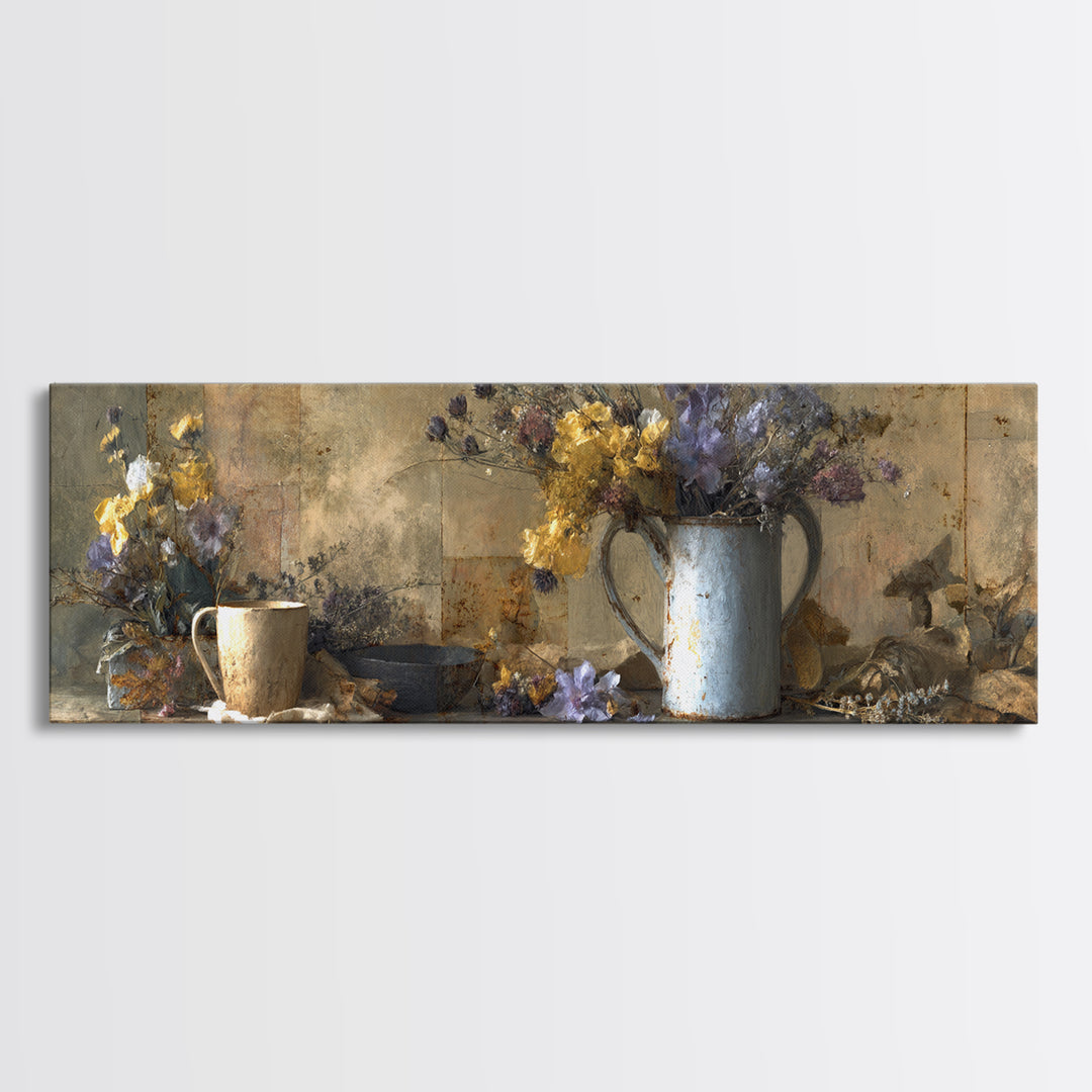 Country Wildflowers in a Chipped Ceramic Pitcher Canvas Print, Bed and Breakfast Art, Rustic Home Decor, Living Room Decor, BAB-3x1-65