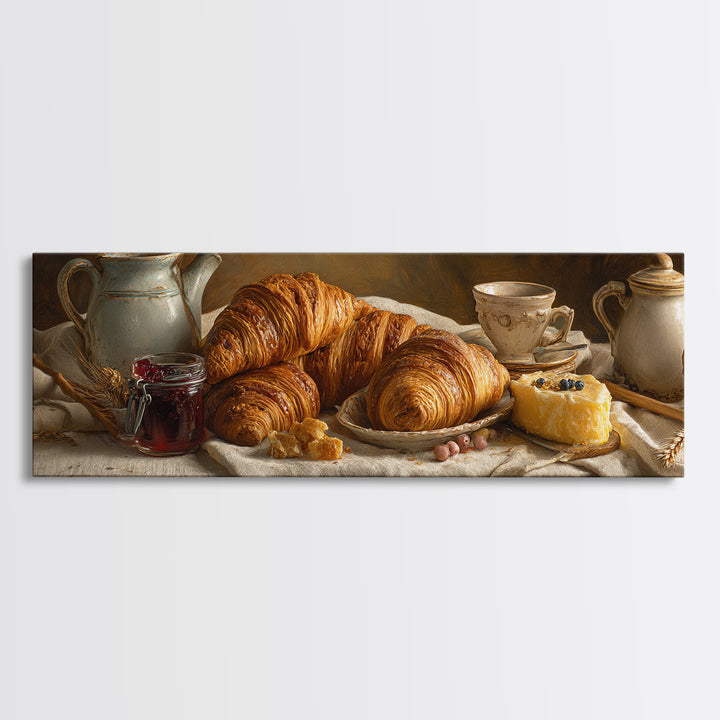 Fresh Croissants and Jam on a Linen Canvas Print, Bed and Breakfast Art, Bedroom Wall Art, Living Room Decor, Abstract Art, BAB-3x1-66