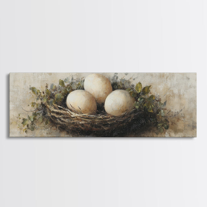 Fresh Eggs in a Woven Basket with Canvas Print, Bed and Breakfast Art, Wall Art, Living Room Decor, Oil Painting, BAB-3x1-70
