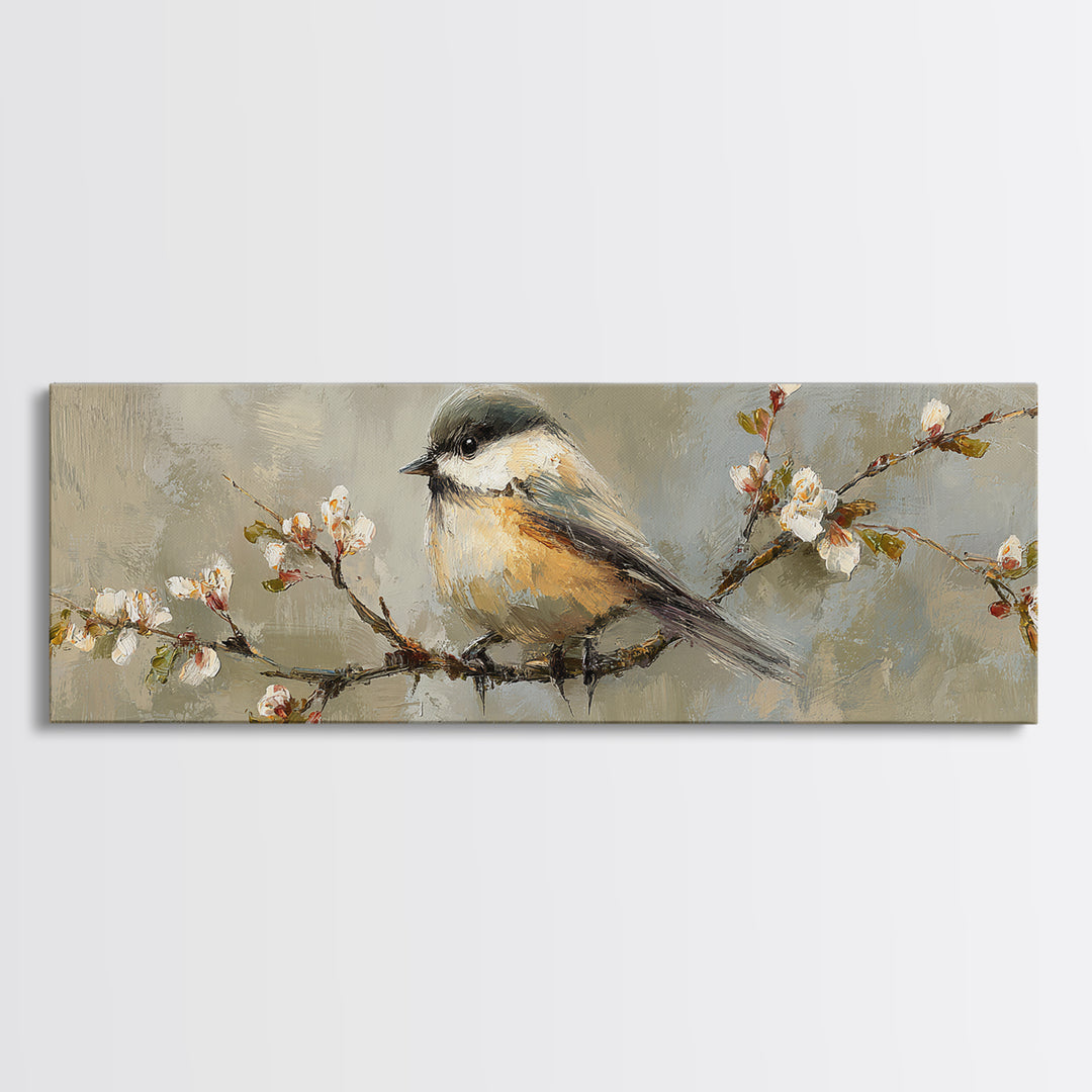 Small Bird on a Flowering Branch Canvas Print, Bed and Breakfast Art, Printable, Living Room Decor, Oil Painting, BAB-3x1-78
