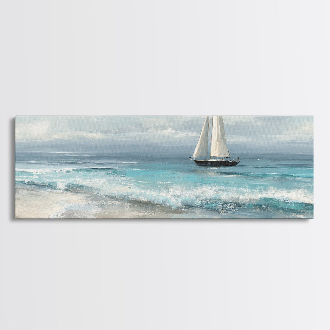 Coastal Inn Sailboat at Sunrise Framed Canvas Print, Bed and Breakfast Art, Folk Art, Living Room Decor, Fine Art, BAB-3x1-81