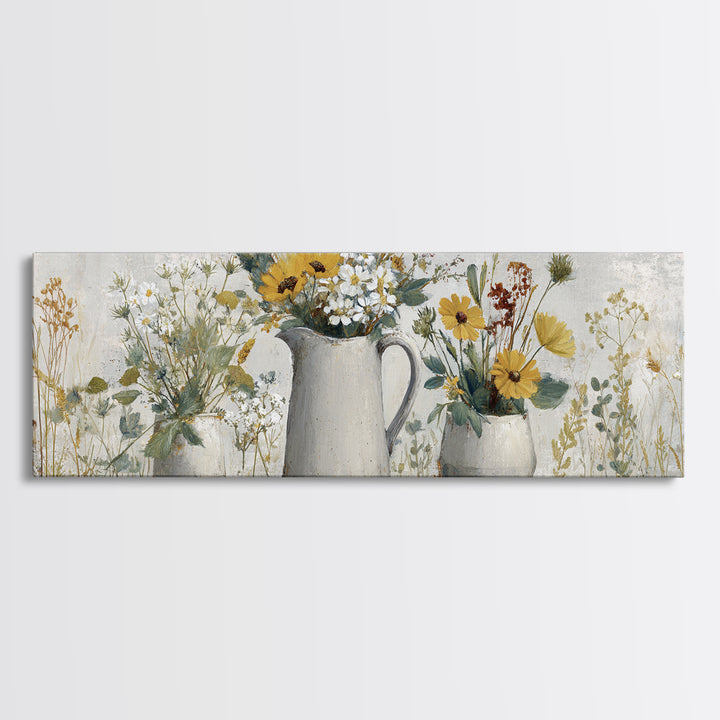 Country Wildflowers in a Chipped Ceramic Pitcher Canvas Print, Bed and Breakfast Art, Boho Decor, Living Room Decor, BAB-3x1-89
