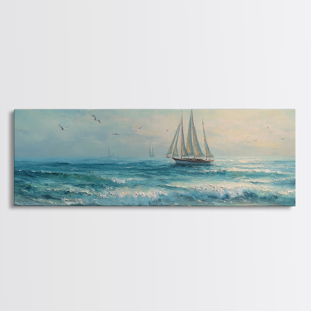 Coastal Inn Sailboat at Sunrise Framed Canvas Print, Bed and Breakfast Art, Dopamine Decor, Living Room Decor, Fine Art, BAB-3x1-9