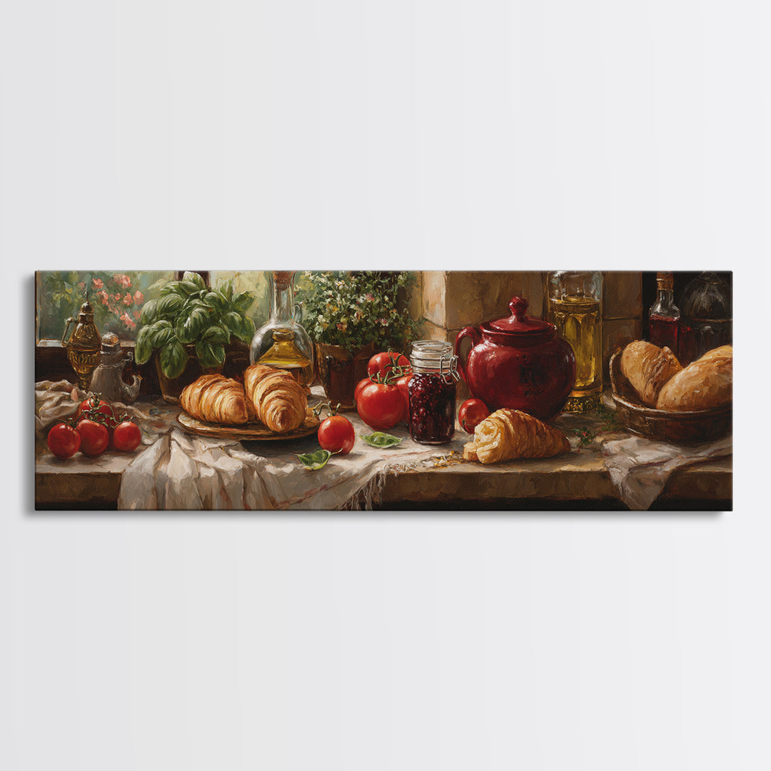 Fresh Croissants and Jam on a Linen Canvas Print, Bed and Breakfast Art, Farmhouse Wall Art, Living Room Decor, BAB-3x1-90