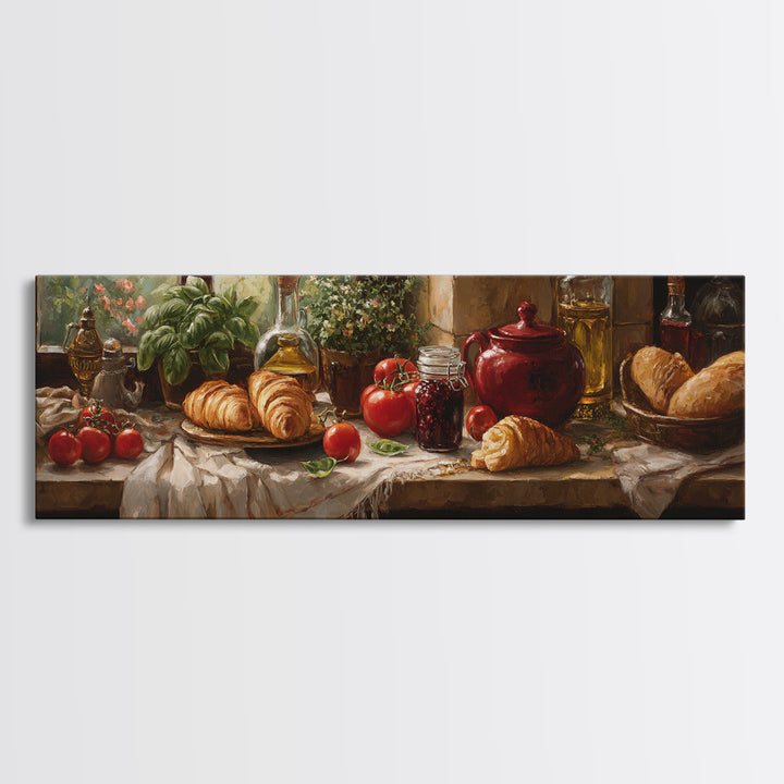 Fresh Croissants and Jam on a Linen Canvas Print, Bed and Breakfast Art, Farmhouse Wall Art, Living Room Decor, BAB-3x1-90
