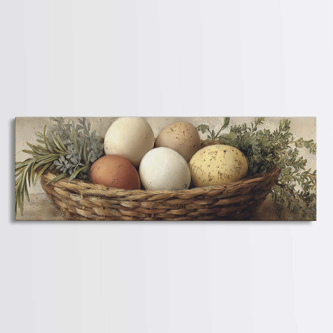 Fresh Eggs in a Woven Basket with Canvas Print, Bed and Breakfast Art, Coffee Art, Living Room Decor, Watercolor Art, BAB-3x1-94