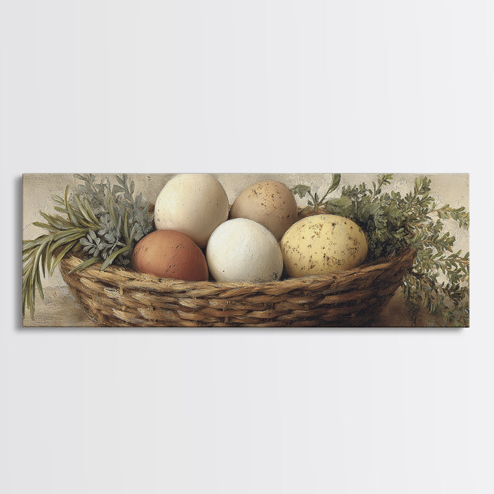 Fresh Eggs in a Woven Basket with Canvas Print, Bed and Breakfast Art, Coffee Art, Living Room Decor, Watercolor Art, BAB-3x1-94