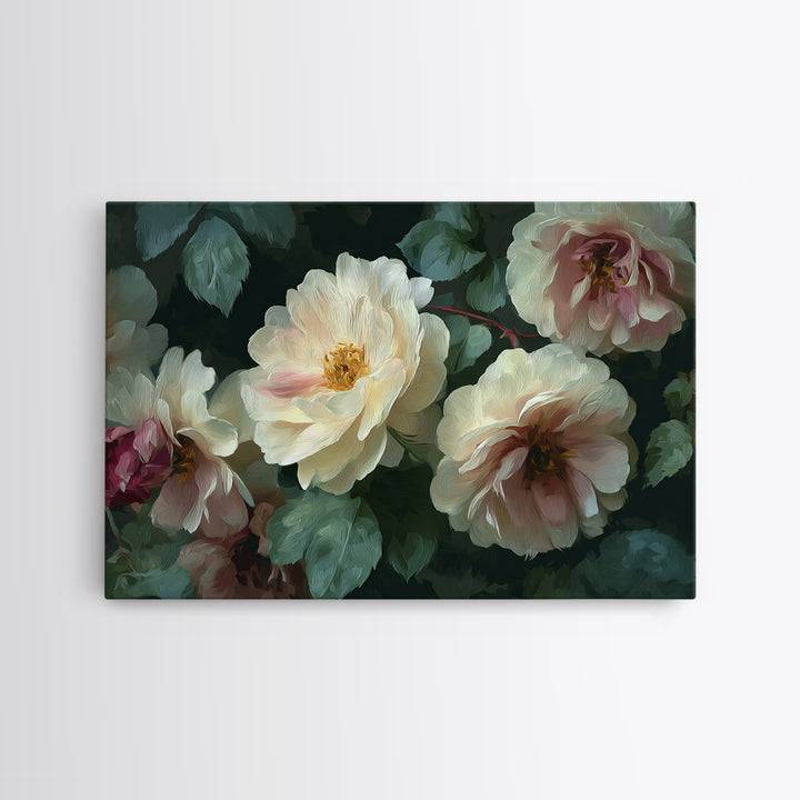 Garden Roses in Romantic Oil Paint Canvas Print, Bed and Breakfast Art, Bedroom Wall Decor, Living Room Decor, Fine Art, BAB-3x2-1