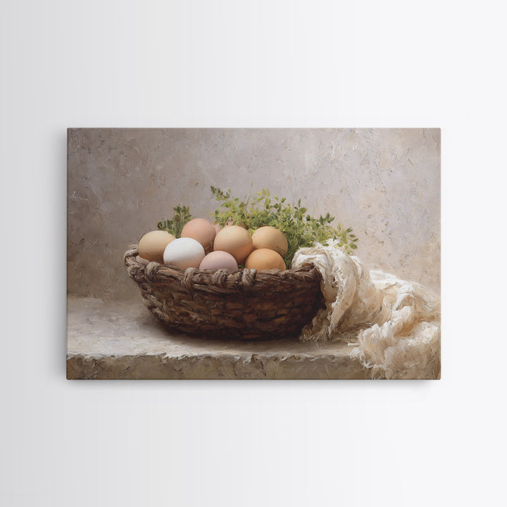 Fresh Eggs in a Woven Basket with Framed Canvas Print, Bed and Breakfast Art, Bed, Living Room Decor, Fine Art, BAB-3x2-10