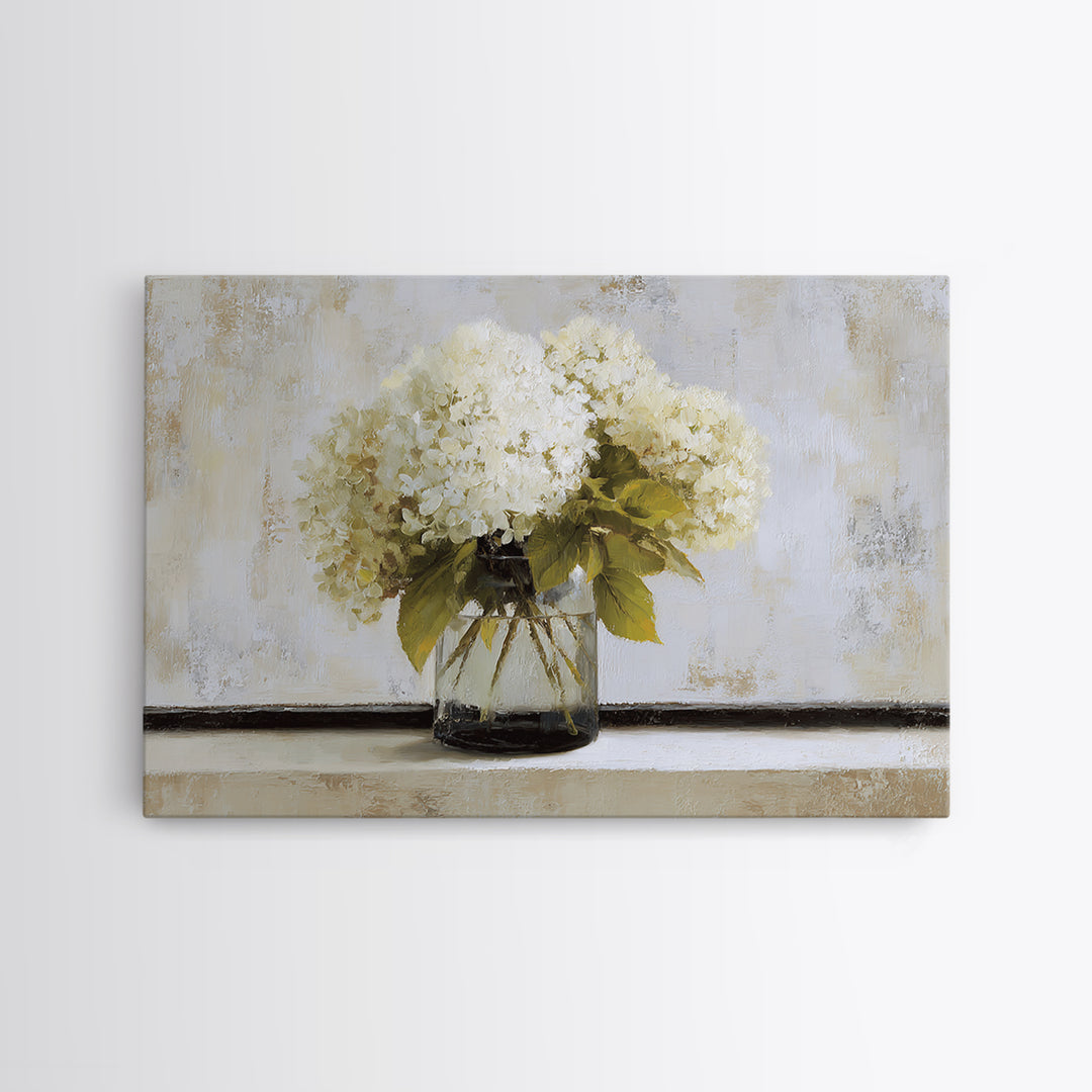 Sunlit Hydrangeas on a Windowsill Framed Canvas Print, Bed and Breakfast Art, Wood Wall Art, Living Room Decor, Fine Art, BAB-3x2-14