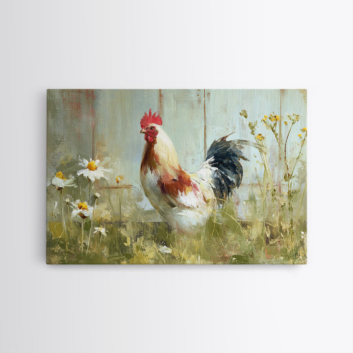Rooster and Wildflower Country Portrait Canvas Print, Bed and Breakfast Art, Coffee Wall Art, Living Room Decor, BAB-3x2-23