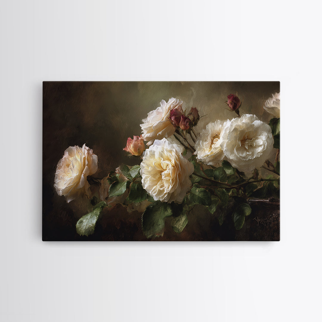 Garden Roses in Romantic Oil Paint Framed Canvas Print, Bed and Breakfast Art, Bedroom Prints, Living Room Decor, Fine Art, BAB-3x2-25