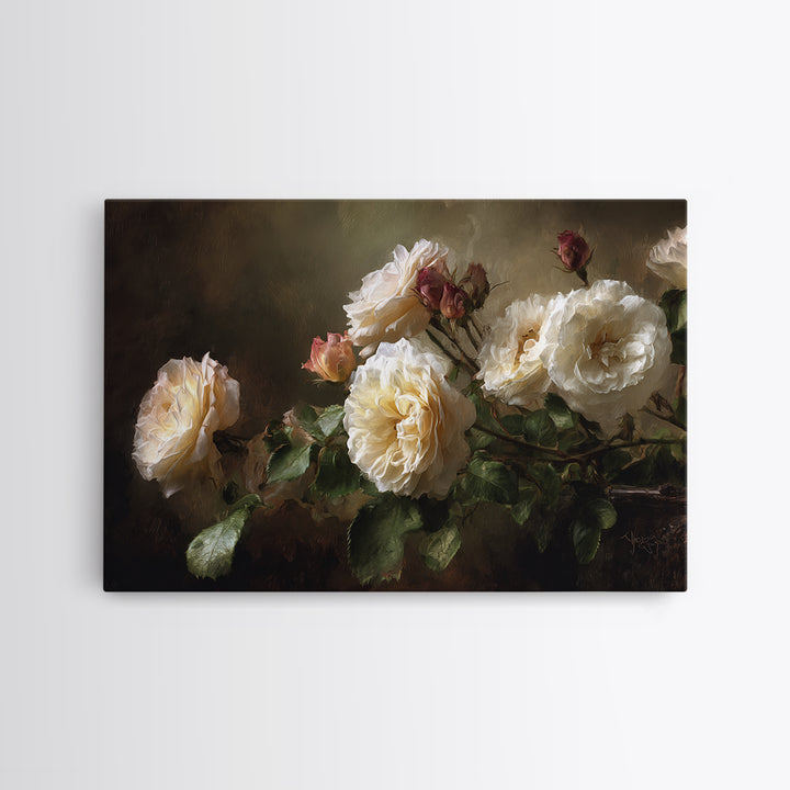 Garden Roses in Romantic Oil Paint Framed Canvas Print, Bed and Breakfast Art, Bedroom Prints, Living Room Decor, Fine Art, BAB-3x2-25
