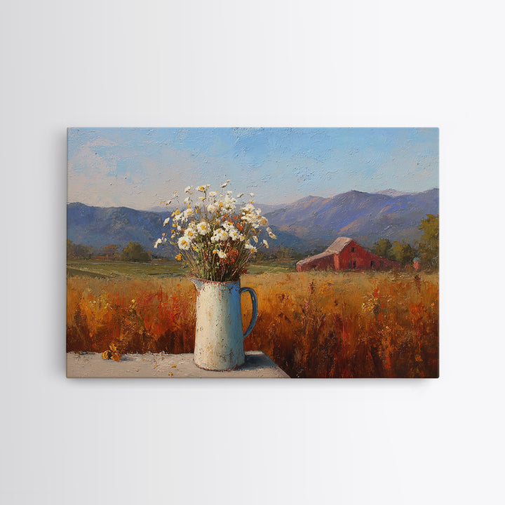 Country Wildflowers in a Chipped Ceramic Pitcher Canvas Print, Bed and Breakfast Art, Modern Decor, Living Room Decor, BAB-3x2-29