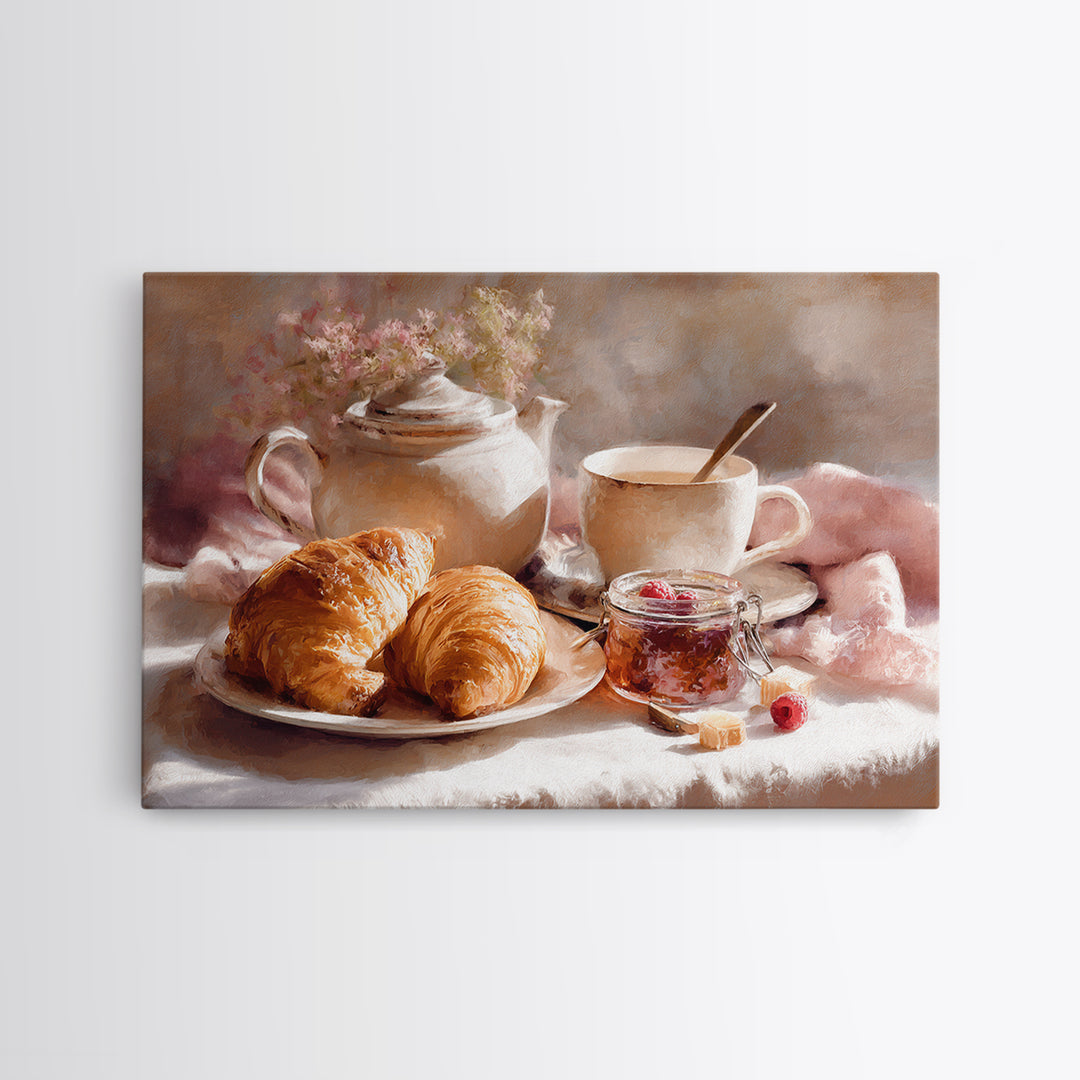 Fresh Croissants and Jam on a Linen Canvas Print, Bed and Breakfast Art, Above Bed Decor, Living Room Decor, Fine Art, BAB-3x2-30