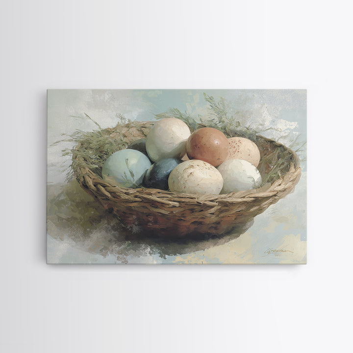 Fresh Eggs in a Woven Basket with Canvas Print, Bed and Breakfast Art, Coffee Art, Living Room Decor, Watercolor Art, BAB-3x2-34