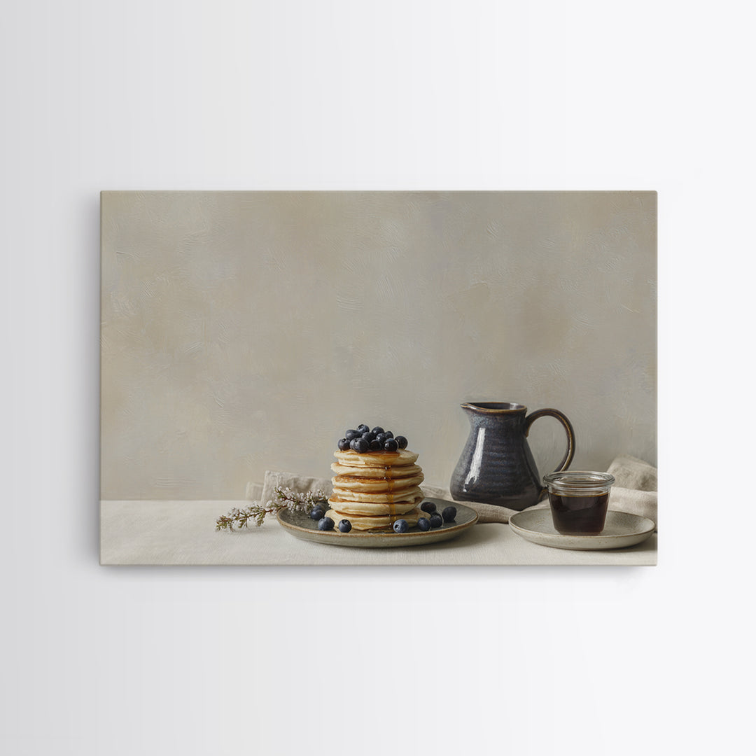 Blueberry Pancakes Still Life Framed Canvas Print, Bed and Breakfast Art, Folk Art, Living Room Decor, Fine Art, BAB-3x2-36