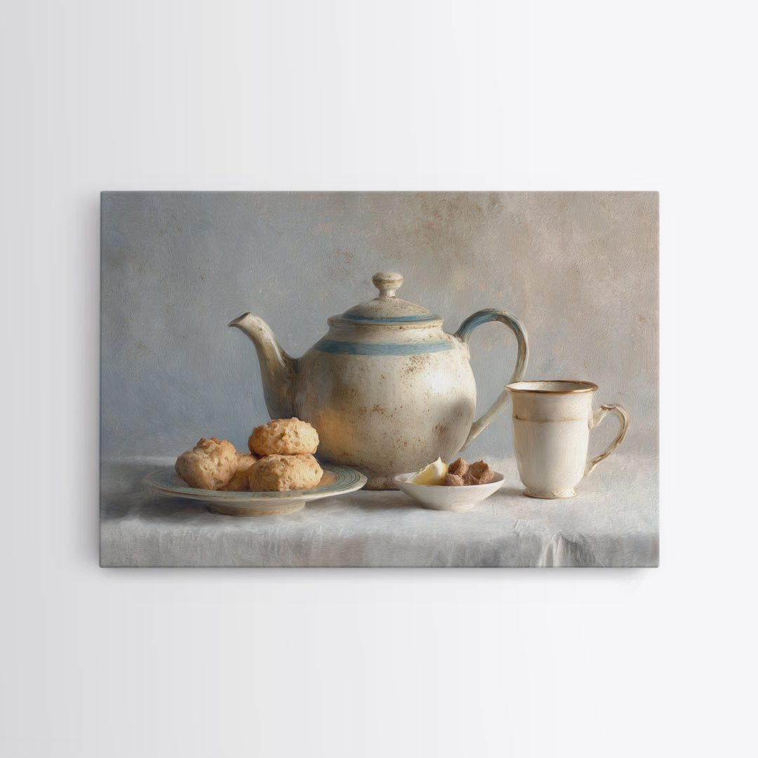 Porcelain Teapot and Scones Framed Canvas Print, Bed and Breakfast Art, Bedroom Art, Living Room Decor, Oil Painting, BAB-3x2-40