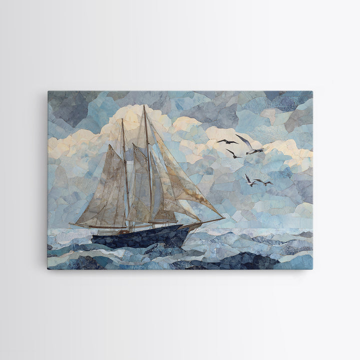 Coastal Inn Sailboat at Sunrise Framed Canvas Print, Bed and Breakfast Art, Gallery Decor, Living Room Decor, Fine Art, BAB-3x2-45