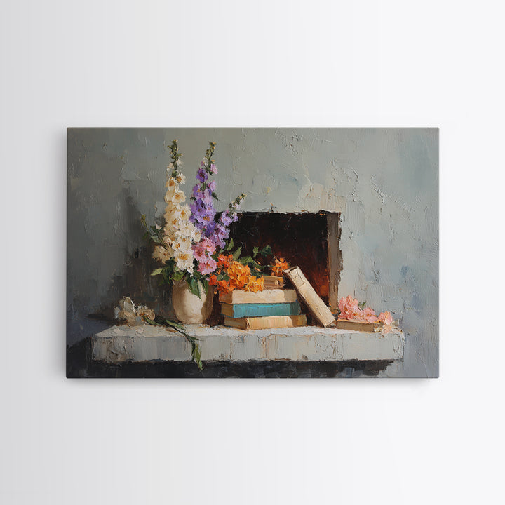 Warm Fireplace Still Life Framed Canvas Print, Bed and Breakfast Art, Bedroom Wall Decor, Living Room Decor, Fine Art, BAB-3x2-46