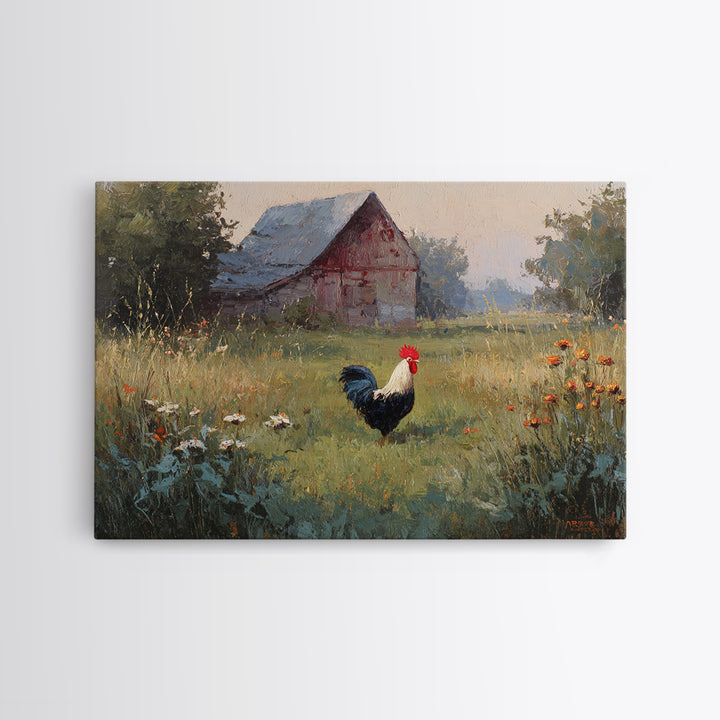 Rooster and Wildflower Country Portrait Framed Canvas Print, Bed and Breakfast Art, Digital Art, Living Room Decor, Fine Art, BAB-3x2-47